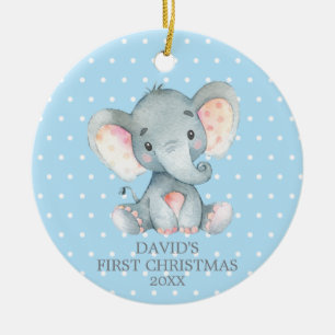 Cute Elephant Baby Boy First KerstBlue Keramisch Ornament