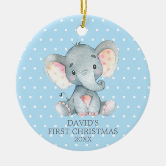Cute Elephant Baby Boy First KerstBlue Keramisch Ornament (Voorkant)