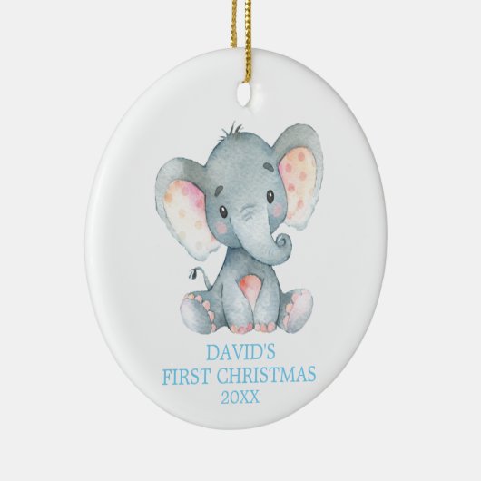 Cute Elephant Baby Boy First KerstBlue Keramisch Ornament (Rechts)