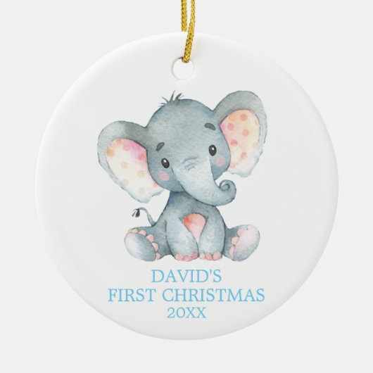 Cute Elephant Baby Boy First KerstBlue Keramisch Ornament (Voorkant)