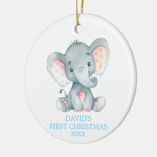 Cute Elephant Baby Boy First KerstBlue Keramisch Ornament (Links)