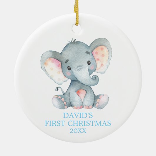 Cute Elephant Baby Boy First KerstBlue Keramisch Ornament (Achterkant)