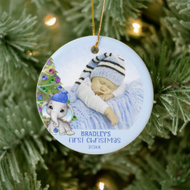 Cute Elephant Baby Boy First Kerstfoto Blauw Keramisch Ornament
