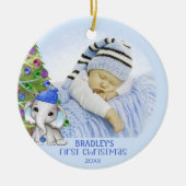 Cute Elephant Baby Boy First Kerstfoto Blauw Keramisch Ornament (Voorkant)