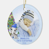 Cute Elephant Baby Boy First Kerstfoto Blauw Keramisch Ornament (Links)