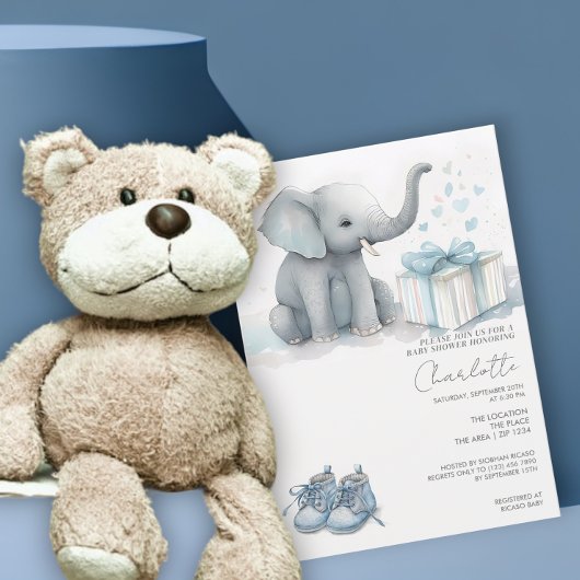 Cute Elephant Baby Boy met Gift Baby shower Kaart