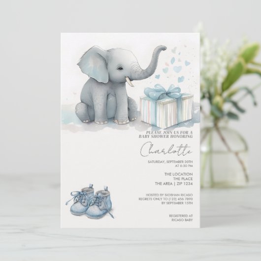 Cute Elephant Baby Boy met Gift Baby shower Kaart (Staand voorkant)