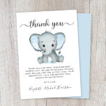 Cute Elephant Baby Boy Shower Bedankkaart<br><div class="desc">Schattigee baby boy shower bedankpas met "dank je" in een stijlvol grijs script met swashes en een pastelblauwe waterverf van baby boy olifant. Personaliseer uw bedankbericht en voeg jouw naam(s) toe in een handtekeningscript,  of laat leeg voor een handgeschreven notitie.</div>