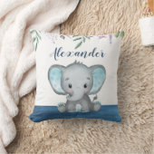 Cute Elephant Baby Custom Name Blue Wood Kussen (Deken)