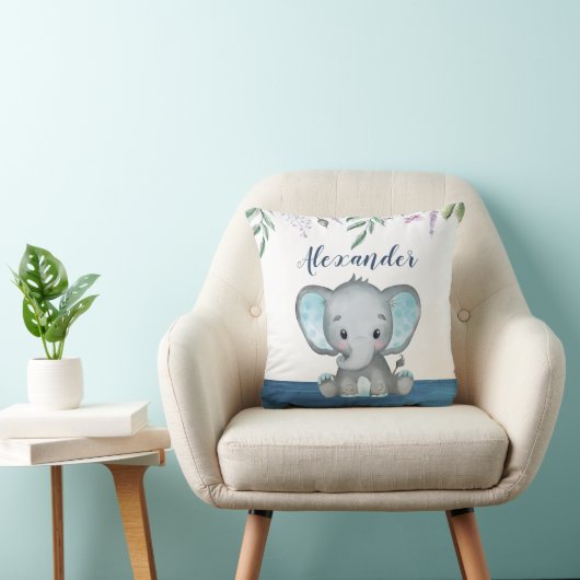 Cute Elephant Baby Custom Name Blue Wood Kussen (Stoel)
