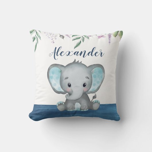 Cute Elephant Baby Custom Name Blue Wood Kussen (Voorkant)