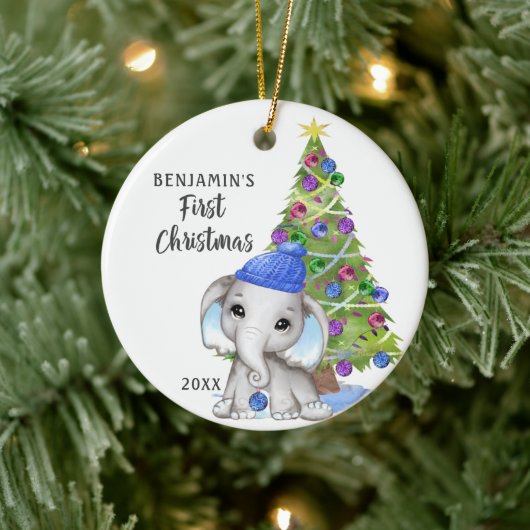 Cute Elephant Baby First KerstBoy Foto Keramisch Ornament (Boom)