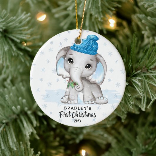 Cute Elephant Baby First KerstBoy Fotonaam Keramisch Ornament (Boom)