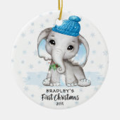 Cute Elephant Baby First KerstBoy Fotonaam Keramisch Ornament (Voorkant)