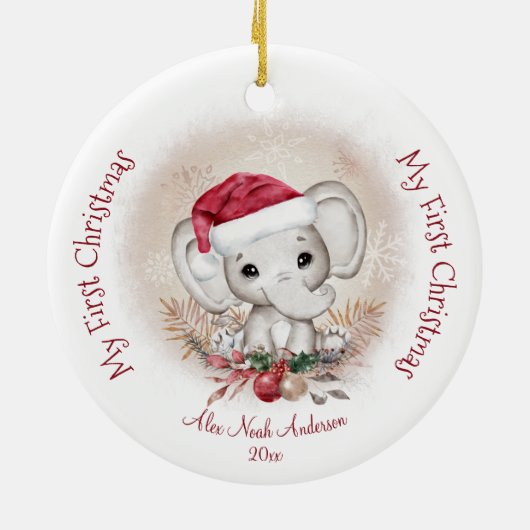 Cute Elephant Baby First KerstBoy Naam Keramisch Ornament (Achterkant)