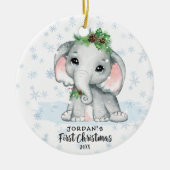 Cute Elephant Baby First Kerstfoto Naam Keramisch Ornament (Voorkant)