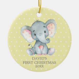 Cute Elephant Baby First Kerstgeel en Grey Keramisch Ornament
