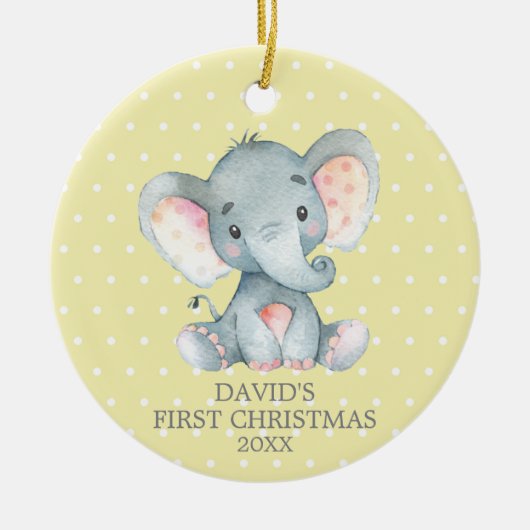 Cute Elephant Baby First Kerstgeel en Grey Keramisch Ornament (Voorkant)
