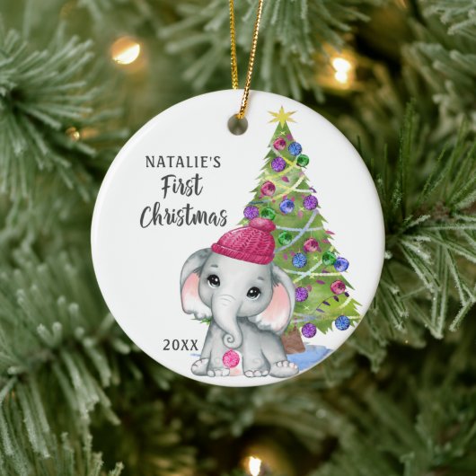 Cute Elephant Baby First KerstGirl Foto Keramisch Ornament (Boom)