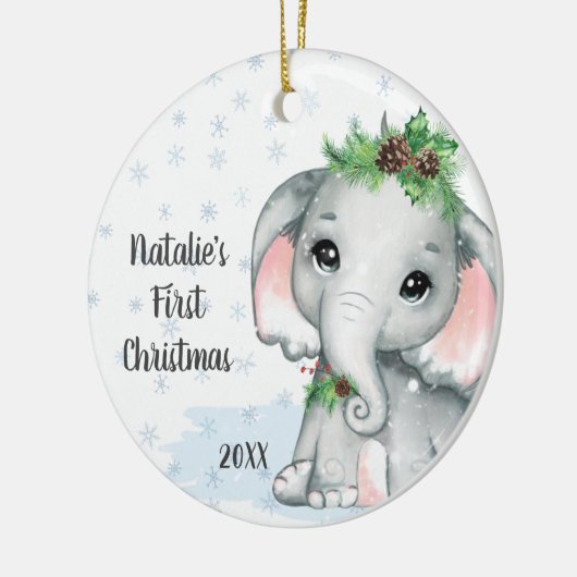 Cute Elephant Baby First KerstGirl Name Keramisch Ornament (Links)