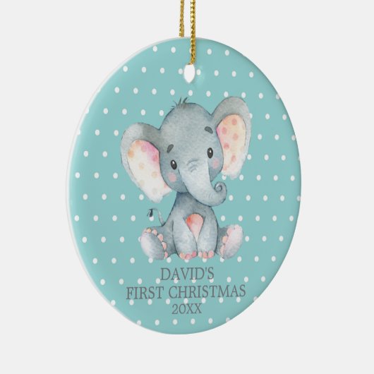 Cute Elephant Baby First Kerstmis Blauwgroen en Gr Keramisch Ornament (Rechts)