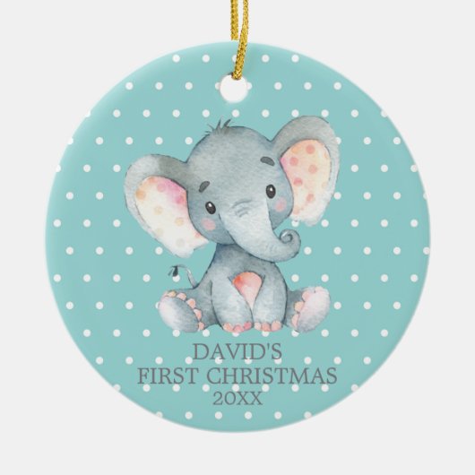 Cute Elephant Baby First Kerstmis Blauwgroen en Gr Keramisch Ornament (Voorkant)