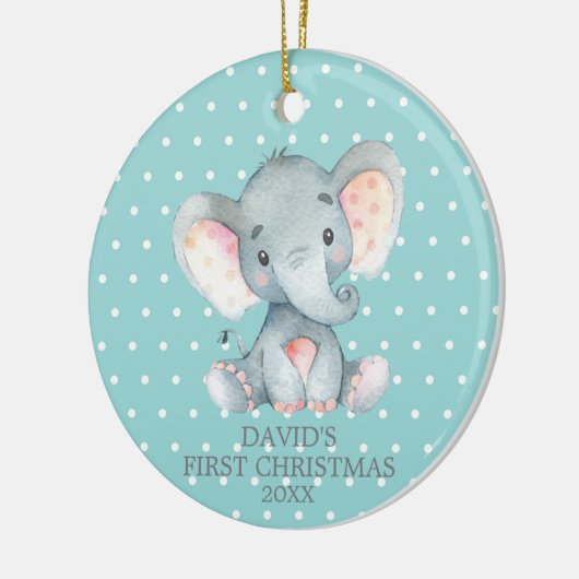 Cute Elephant Baby First Kerstmis Blauwgroen en Gr Keramisch Ornament (Links)