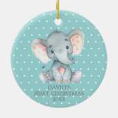 Cute Elephant Baby First Kerstmis Blauwgroen en Gr Keramisch Ornament (Achterkant)