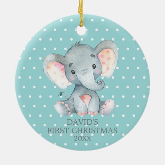 Cute Elephant Baby First Kerstmis Blauwgroen en Gr Keramisch Ornament (Achterkant)