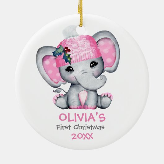 Cute Elephant Baby Girl Baby's Eerste Kerstmis Keramisch Ornament (Achterkant)