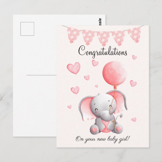 Cute elephant baby girl congratulations card briefkaart (Voorkant / Achterkant)