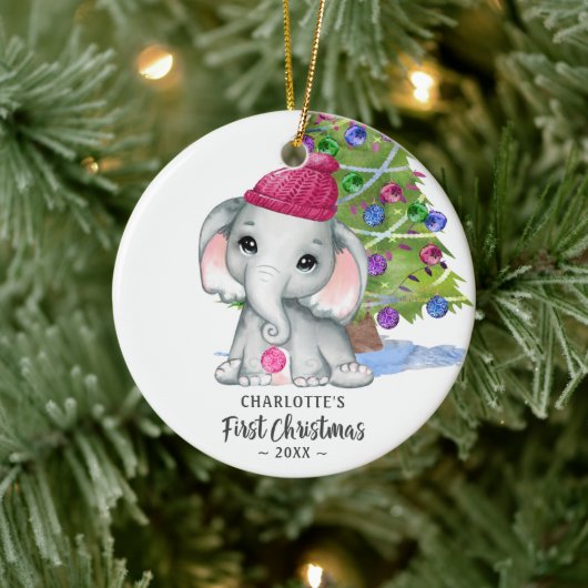 Cute Elephant Baby Girl Eerste kerstfoto Keramisch Ornament (Boom)
