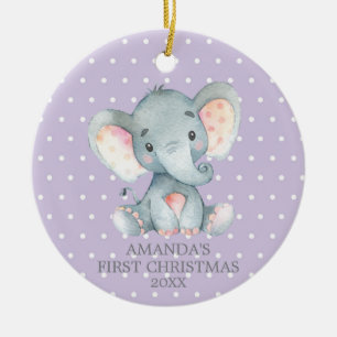 Cute Elephant Baby Girl Eerste Kerstmis Paars Keramisch Ornament