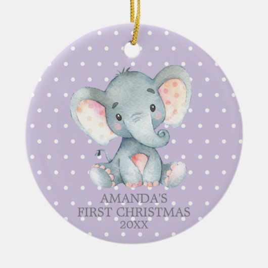 Cute Elephant Baby Girl Eerste Kerstmis Paars Keramisch Ornament (Voorkant)