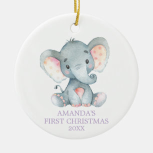 Cute Elephant Baby Girl Eerste Kerstmis Paars Keramisch Ornament