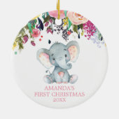 Cute Elephant Baby Girl Eerste Kerstroze Keramisch Ornament (Achterkant)