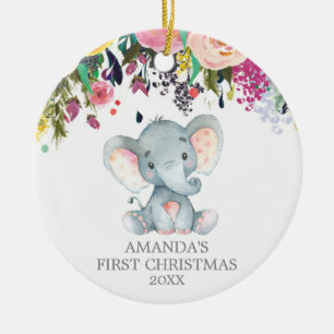 Cute Elephant Baby Girl Eerste Kerstroze Keramisch Ornament