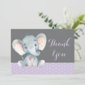 Cute Elephant Baby Girl Paars en grijs Bedankkaart (Staand voorkant)