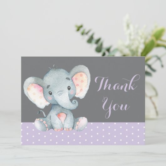 Cute Elephant Baby Girl Paars en grijs Bedankkaart (Staand voorkant)