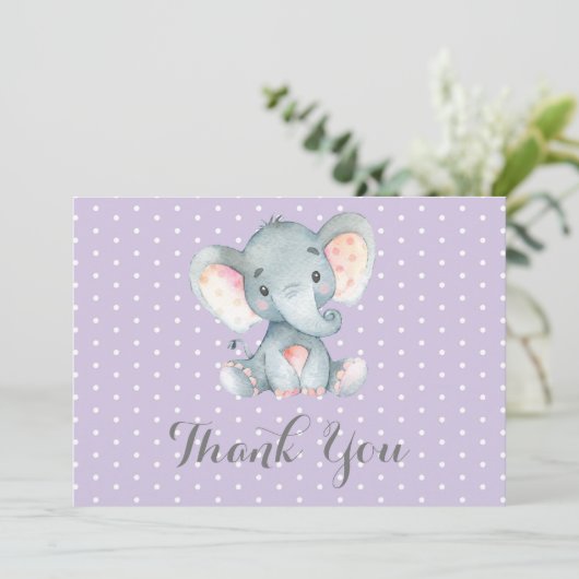 Cute Elephant Baby Girl Paars en grijs Bedankkaart (Staand voorkant)