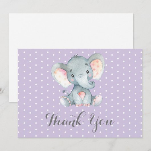 Cute Elephant Baby Girl Paars en grijs Bedankkaart (Voorkant / Achterkant)