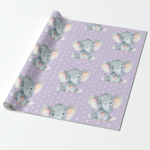 Cute Elephant Baby Girl Paars en grijs Cadeaupapier