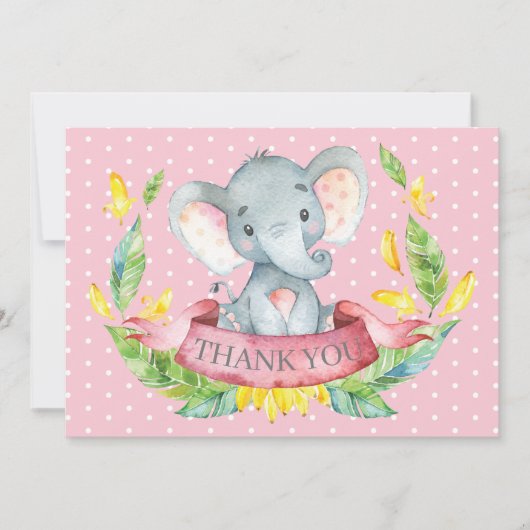 Cute Elephant Baby Girl Pink and Grey Bedankkaart (Voorkant)
