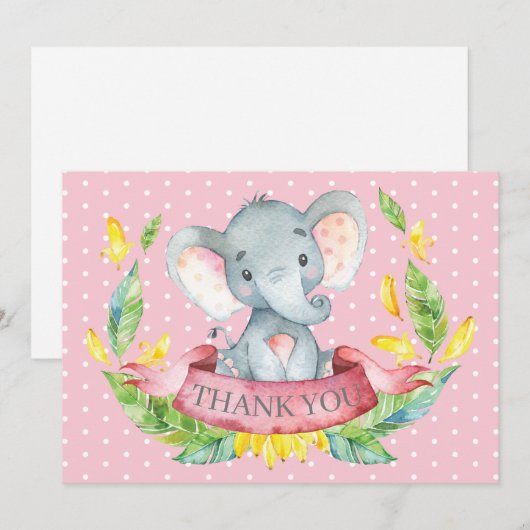 Cute Elephant Baby Girl Pink and Grey Bedankkaart (Voorkant / Achterkant)