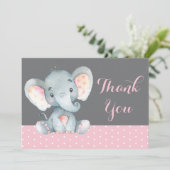 Cute Elephant Baby Girl Pink and Grey Bedankkaart (Staand voorkant)