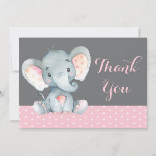 Cute Elephant Baby Girl Pink and Grey Bedankkaart