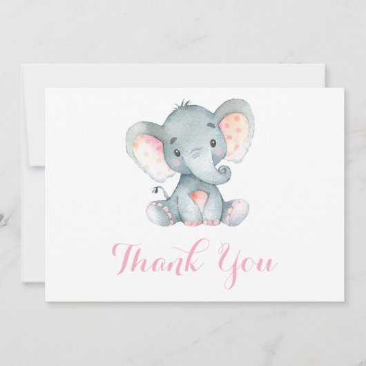 Cute Elephant Baby Girl Pink and Grey Bedankkaart (Voorkant)