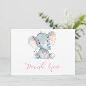 Cute Elephant Baby Girl Pink and Grey Bedankkaart (Staand voorkant)
