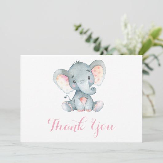 Cute Elephant Baby Girl Pink and Grey Bedankkaart (Staand voorkant)