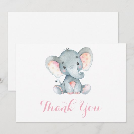 Cute Elephant Baby Girl Pink and Grey Bedankkaart (Voorkant / Achterkant)